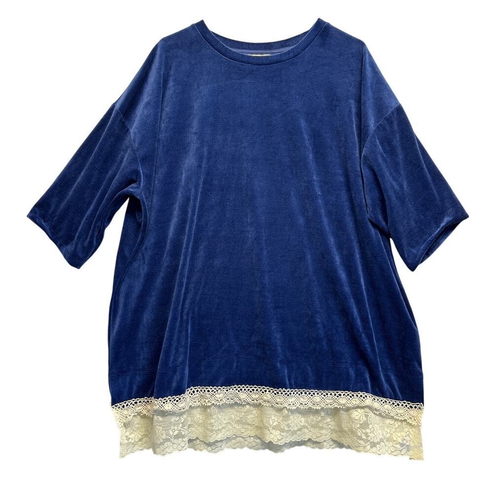 Woman Within Blue Velvet Women Top Long Sleeve Tunic Lace Trim 1X 22/24 EUC